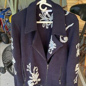 Chico's Navy Blazer with White Floral Design